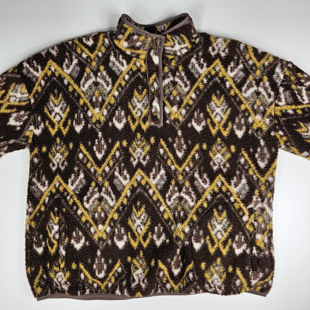 Wonderly Studio Sweater Womens L Brown Sherpa Pullover Heavy Snaps Pockets